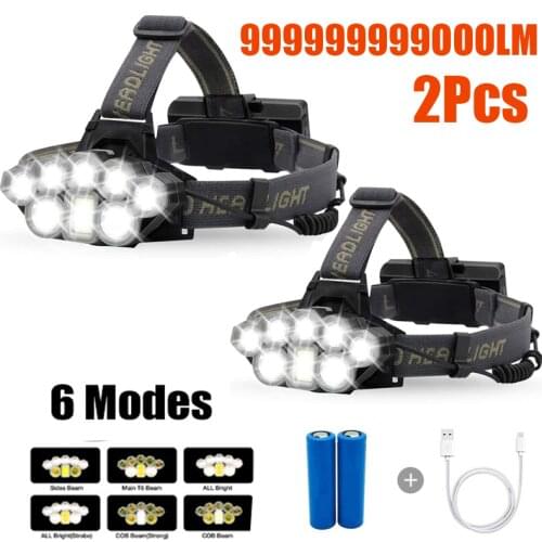 1/2PCS USB Rechargeable Headlamp 8 LED High Lumen Headlight Flashlight 6 Modes Waterproof Head Light Flashlight