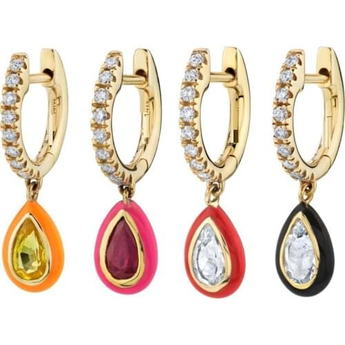 Neon Enamel Tear Drop Waterdrop Dangle Earring Gold Color Cz Circle Rainbow Colorful Fashion Girl Jewelry