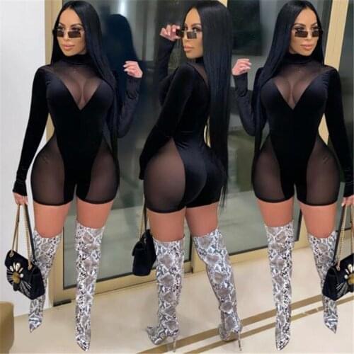 2021 New Sexy Women Mesh Patchwork Jumpsuit See Through Bodysuit One-piece Romper Beach Sport Playsuit Long Sleeve Velvet Romper