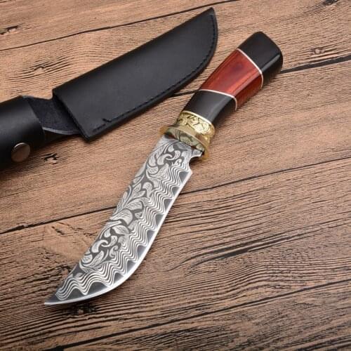 PEGASI D2 steel Damascus laser color wood handle outdoor hunting knife high hardness forging straight blade gift knife wholesale