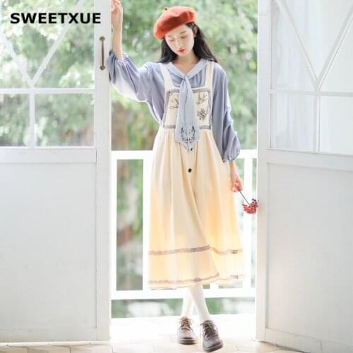 SWEETXUE 2019 Autumn Preppy Style Sling Skirt Two-Piece Suit Short Lantern Sleeve Bow Lace-Up Chiffon Top Kawaii Sling Skirt Set