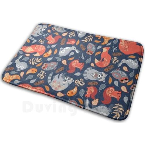 Fairy - Tale Forest. Scandinavian Design. Soft Non-Slip Mat Rug 1331 Carpet Cushion Fox Bear Raccoon Cute Animals Blue