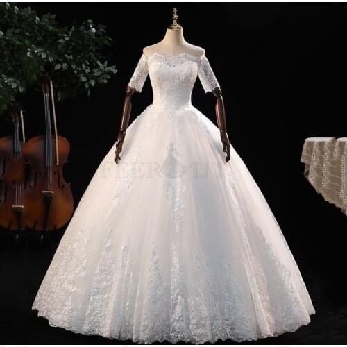 Half Sleeve Wedding Dress 2021 New Vestido De Noiva Elegant Boat Neck Ball Gown Princess Luxury Lace Robe De Mariee Plus