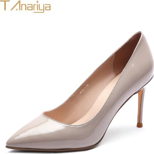 Tanariya Apricot leather and patent leather pointy heels for spring/autumn 20 ladies high heels women shoes woman pumps