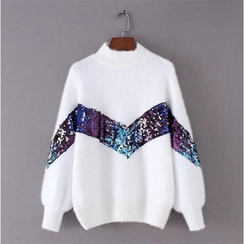 Urifens 2021 New Womens Sweater Autumn And Winter Fashion Half-high Collar Mohair Embroidery Sequins Lantern Sleeve Sweater P21
