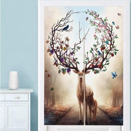 Japanese Linen Fabric Hanging Curtain Noren Door Curtain Kitchen Bedroom Restaurant Decorative Elk 3D Paint Feng Shui Curtains