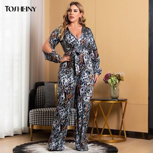 Tosheiny Summer 2021 Plus Size Jumpsuit Maxi Sexy Leopard V Neck Belt Clothes Boho Loose Long Pants Elegant Large Clothing Curve