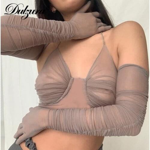 Dulzura Mesh Patchwork Women Laters Crop Top Gloves Ruched Bodycon Sexy See Through Sheer Party Club Streetwear 2021 Summer