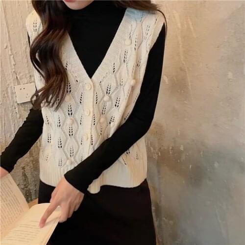 Knitted Sweater Vest Women Autumn 2020 Korean Style Vintage Crochet Hollow Out V Neck Sleeveless Cardigan Waistcoat Tops T382