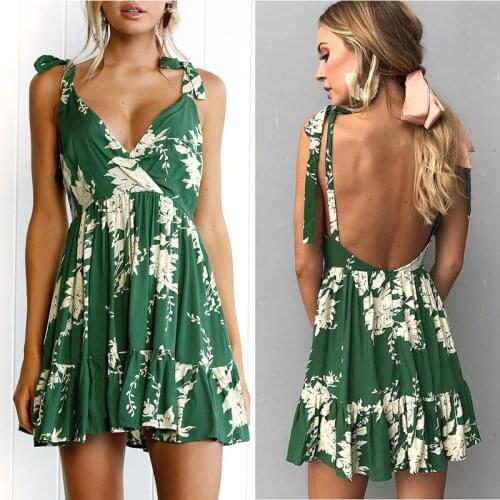 Women Summer Boho Floral Sexy Backless Ruffle Mini Dress Ladies Beach Party Spaghetti Strap Chiffon Cami Dress Green Sundress