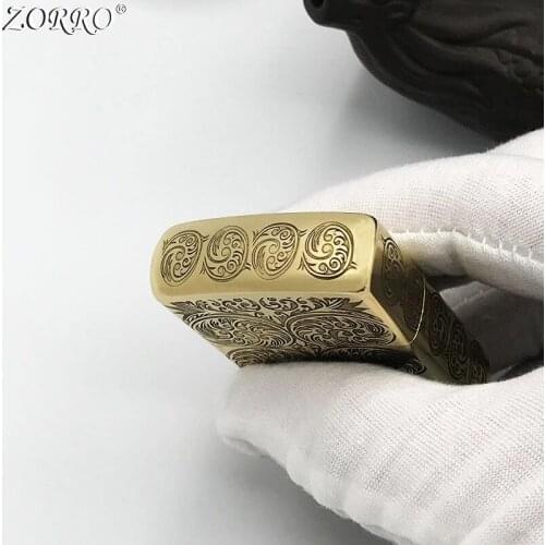 Zorro Kerosene Lighter Windproof Pure Copper Gasoline Oil Lighter Brass Carving Scroll Grass Pattern Men Gift Smoking Tool