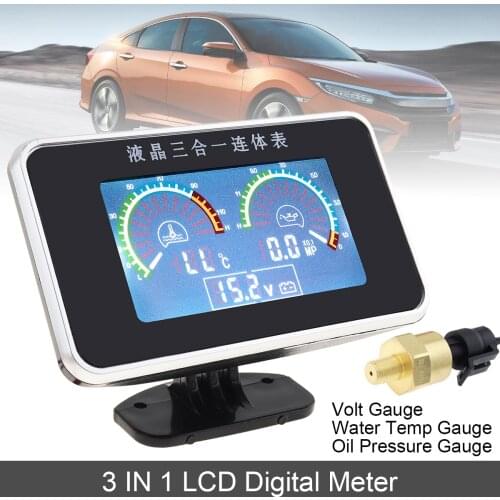 12V/24V Universal 3 In 1 LCD Digital Volt Gauge + Water Temp Gauge + Oil Pressure Gauge with Sensor for Car Truck Motorcycle