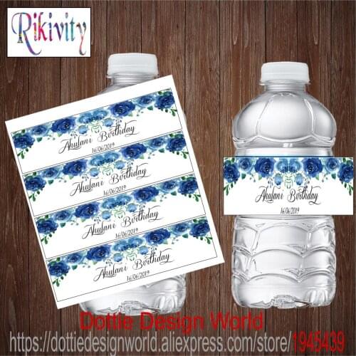 20 Pcs/lot Blue Rose Wedding Water Bottle Wine Champagne Labels Candy Bar Wrapper Sticker Baby Shower Birthday Party Decoration
