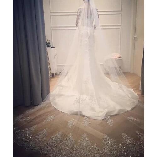 2021 Shiny Bridal Veil 3/4/5 Meter Sparkly Lace White Ivory Champagne Long Cathedral Sequined Wedding Veil With Comb Accessories