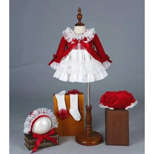 4PCS Girl Christmas Festival Red Velvet Vintage Spanish Princess Lolita Pompom Ball Christmas Birthday Wedding Party Dress