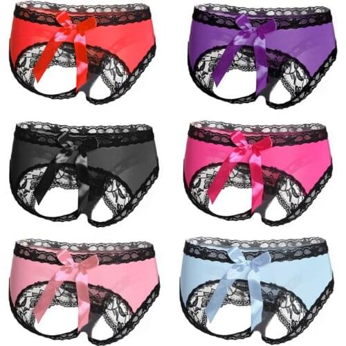 Women Sexy Open Butt Panties Big Bowknot Floral Lace Trim Hollow Lingere Briefs R9JE