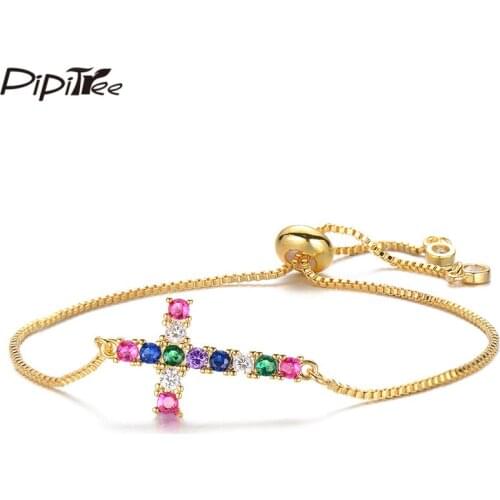 Pipitree Shiny Multicolor Cubic Zirconia Charm Cross Bracelet Copper Slider Chain Birthstone Bracelets for Women Jewelry Gift