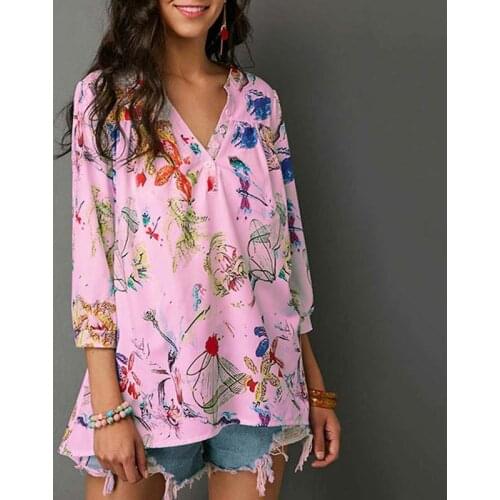 Women Summer Autumn Print V-Neck Chiffon Blouses Loose Buttons Flowers Tops Elegant Fashion Shirt Size Plus 5X Clothing 6Q1900