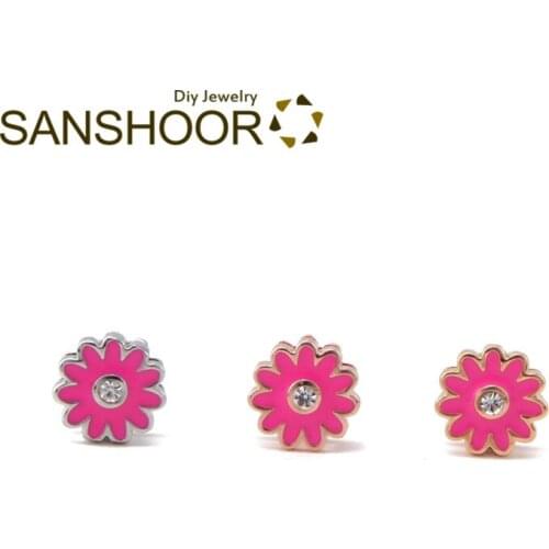 SANSHOOR Rose Red Flower Slide Charms With Rhinestone Fit 8mm Wide Pu Leather Keeper Bracelet For Toddler Children Gifts 6Pcs