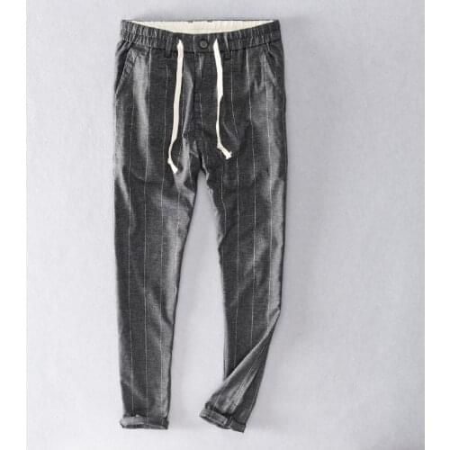 7417 Summer Men Oversized Casual Pants Striped Linen Mid Waist Full Length Trousers Loose Breathable Soft Business Casual Slacks