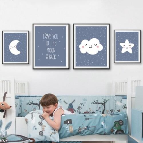Nursery Girls Boys Wall Art Canvas Painting Moon Star Cloud Cartoon Nordic Posters and Prints Wall Pictures Baby Kids Room Decor