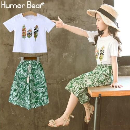 Humor Bear Summer New Fashion Girls Clothes Printed Short Sleeve T-Shirt Top+ Shorts 2PCS Children Girls Clothing Suit 4-14Y
