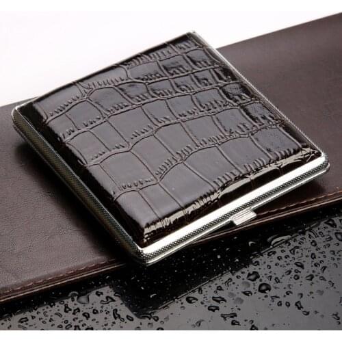 Delicate Gift Cigarette Box Case Black Pocket-leather Metal Tobacco for 20pcs Personal Cigarette Smoke Holder Storage Case