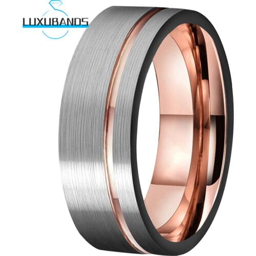 8MM Tungsten Carbide Ring For Men Wemen Engagement Band Rose Gold Offset Line Black Brushed Finished Comfort Fit