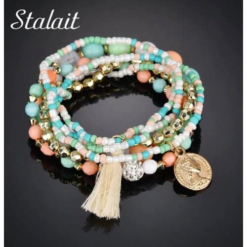 Crystal Multicolor Beads Weave Tassel Bracelet Multilayer Coin Bracelets For Women 2018 New Punk Pulseira Accessories Gift