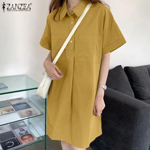 Summer Shirt Dress Stylish Womens Solid Sundress ZANZEA Casual Short Sleeve Knee Length Vestidos Female Pockets Robe Oversize