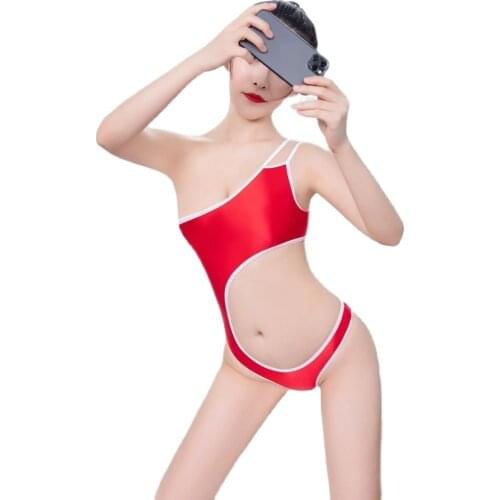 Oil Glossy Shiny Hollow Out Swimsuit One Shoulder Sexy High Cut Bikini Bodysuit Tights Bodystocking Erotic Lingerie Catsuit Body