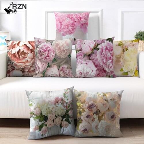 RZN Plant Cushion Covers Pink Flower Pillow Cases Cotton for Bedroom Sofa and Chair Decorative Pillow Covers 45*45cm