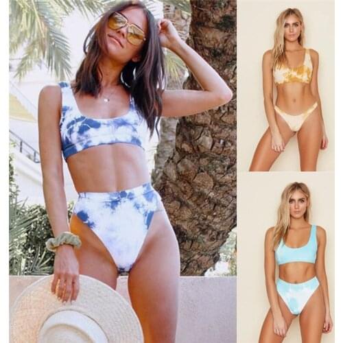 2021 New Bikini European and American Swimsuit Ink Printed Small Clear High Waist Ladies Split Swimsuit