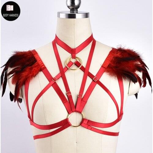 Sexy Feather Body Harness Epaulettes Red Burlesque Shoulders Angel Wings Strap Crop Top Pastel Goth Cage Bra Bondage Lingerie