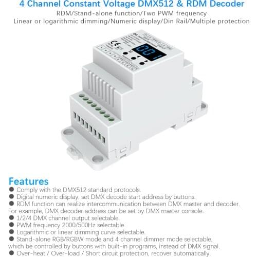 DC12V 24V Din rail mounted 4CH PWM constant voltage DMX RDM decoder DMX512 LED Controller for RGB RGBW LED Tape lamp