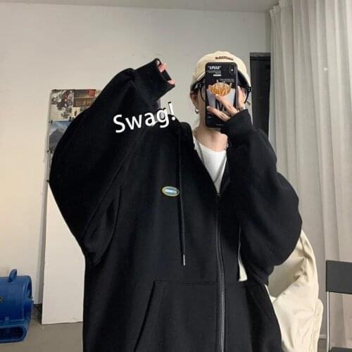 Sweater womens kawaii solid color loose hooded zipper cardigan drawstring loose y2k Japanese plus velvet thick Harajuku jacket