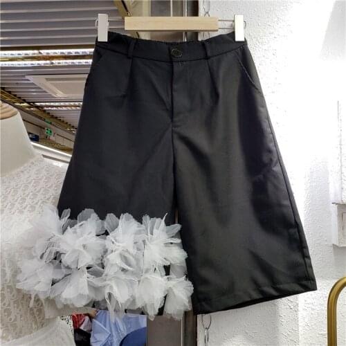 Cropped Pants for Women 2021 Summer New Three-Dimensional Flower Stitching Casual Wide-Leg Suit Trousers Black