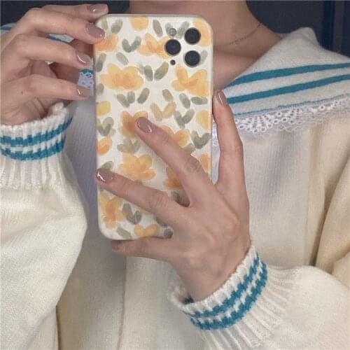 Retro yellow flowers tulip doodle art japanese Phone Case For iPhone 12 11 Pro Max Xr Xs Max 7 8 Plus 7Plus case Cute Soft Cover