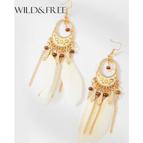 Wild&Free 2018 New White Feather Drop Dangle Earrings For Women Alloy Gold Link Pendant Black Earrings Pendant Boho Jewelry