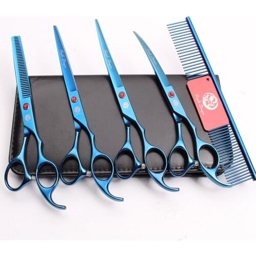 Z3003 5Pcs Set 7'' 19.5cm Blue Professional Pets Hair Steel Comb + Cutting Shears + Thinning Scissors + Dogs Cats Curved Shears