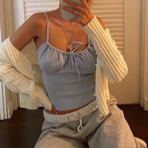 Womens Solid Color Camisole Chest Lace Up Design Crop Tops Exposed Ruched Slim Top Sexy Fashion Camis Ropa mujer (S/M/L)