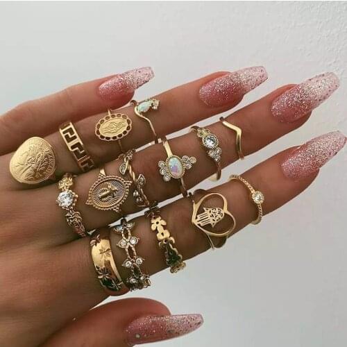 Boho Vintage Golden Women Rings Set Crystal Six Star Flower Snake Rings Set for Women Fashion Charm knuckle Rings female Jewelry