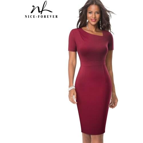 Nice-forever Summer Women Elegant Solid Color Work Dresses Business Office Vintage Slim Bodycon Dress B628