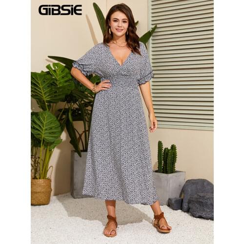 GIBSIE Plus Size Surplice Neck Floral Print Long Dress Women Elegant Vintage Summer Dresses 2021 High Waist Casual A-Line Dress