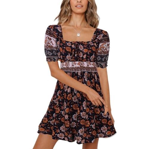 2021 Women’s Boho Short Sleeve Dress Floral Print Summer Backless High Waist A-line Short Dress Elegant Stylish Holiday Vestidos