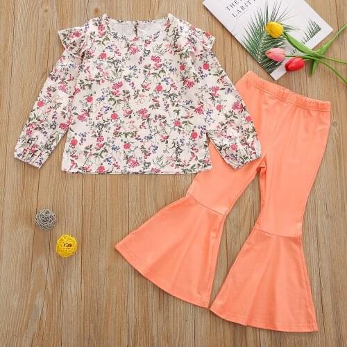 2 Pcs Toddler Casual Outfits Girls Flower Print Long Sleeve Round Neck Ruffle Pullover + Solid Color Elastic Waist Flared Pants