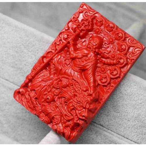 Free Shipping Synthetic Red Cinnabar Carved Eudemon Courage Buddha Dragon Rectangle Pendant Fashion Accessory 38*58mm B1541