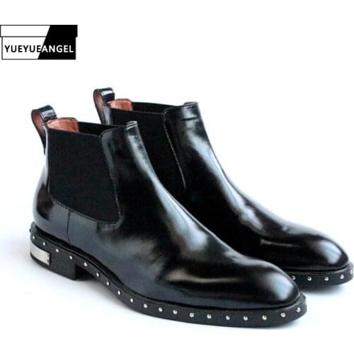 Luxury Genuine Leather Ankle Boots Men Rivet Slip On Elastic Chelsea Boots Winter Pointed Toe Quality Work Shoes Botas Hombre
