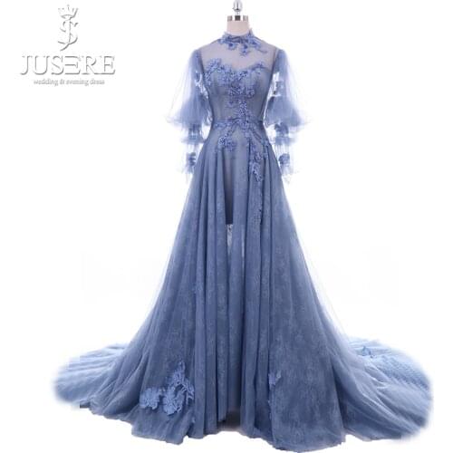 Jusere High Neck Long Sleeves Illusion Bodice A line Lace Skirt Flower Hand Made Train Newest Fairy Blue Evening Dress 2018