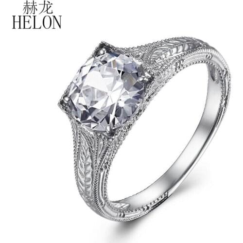 HELON Moissanite Ring Real 14K White Gold 8mm Round VVS/GH Lab Grown Moissanite Diamond Engagement Ring Vintage Fine Jewelry